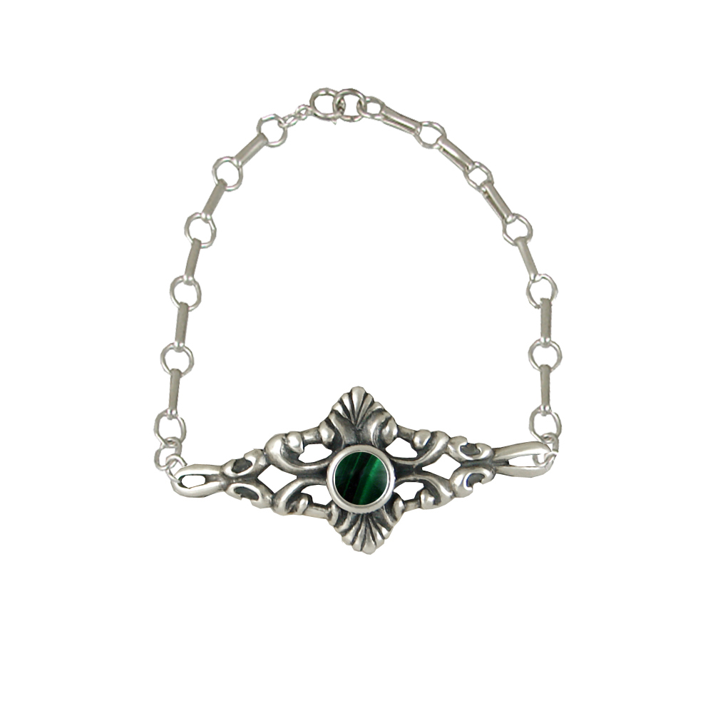 Sterling Silver Adjustable Filigree Chain Bracelet With Malachite